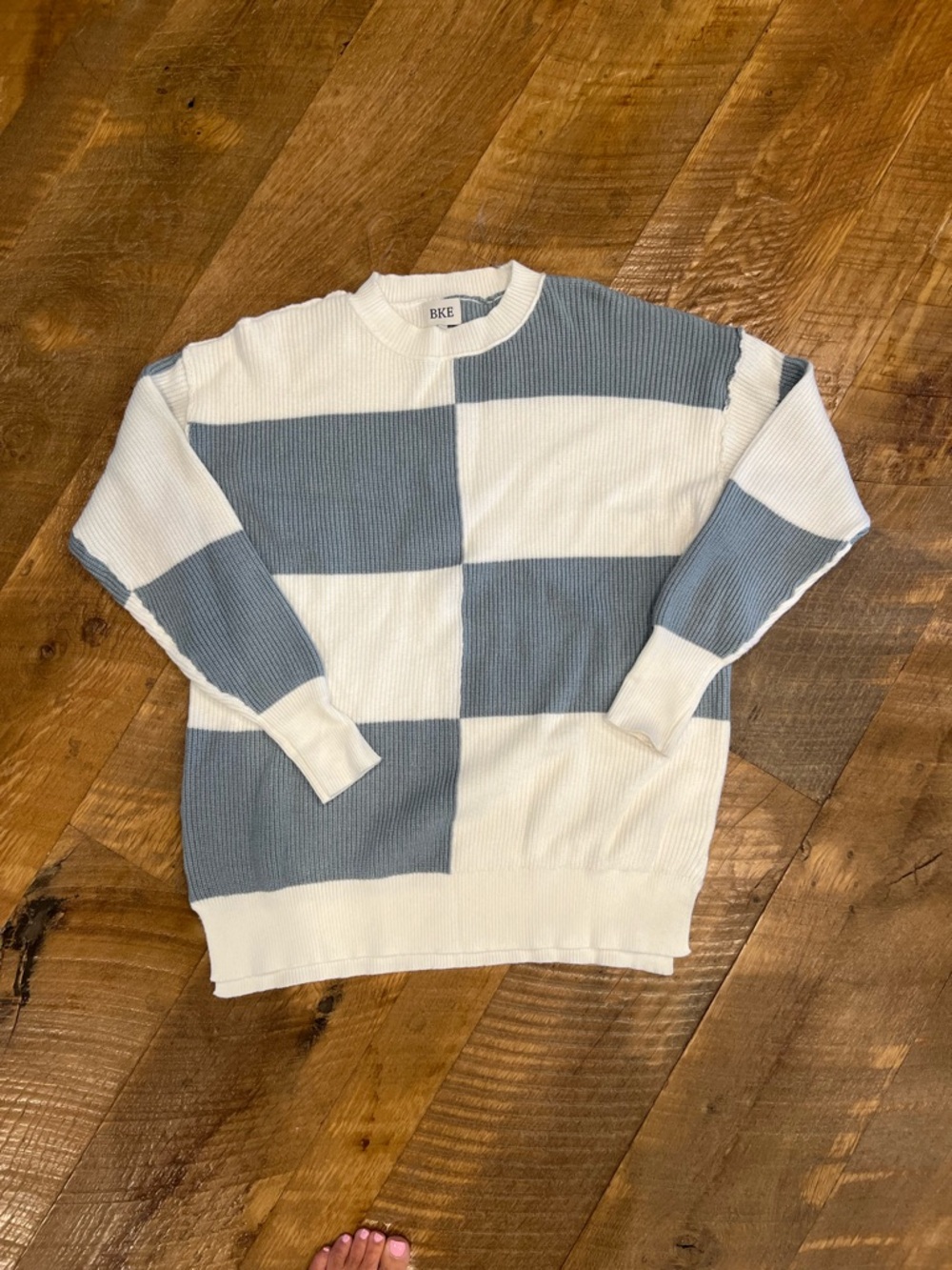 BKE Blue and Cream Checker Rib-Knit Sweater